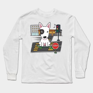 Funny bull terrier is on a skateboard Long Sleeve T-Shirt